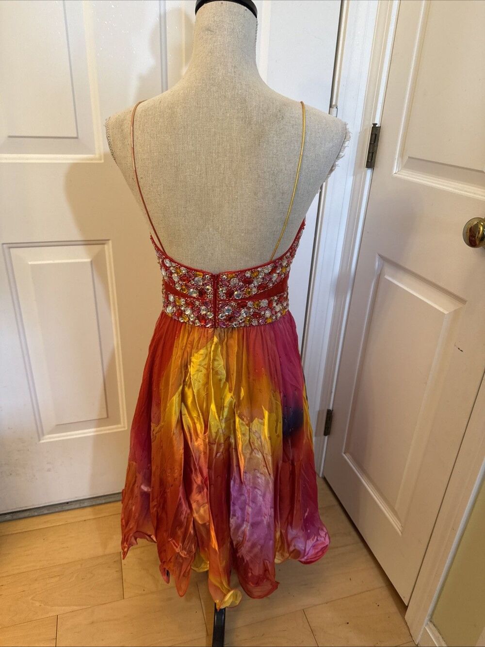 SUNSET COCKTAIL DRESS Blush Prom Orange Print Beaded Cocktail Dress Size 6 - Picture 3 of 9